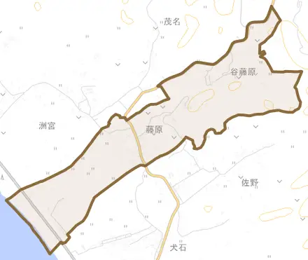 藤原とその周辺の地図。町の範囲を重ねている