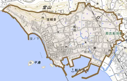 船形とその周辺の地図。町の範囲を重ねている