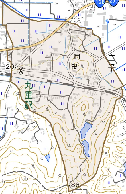 二子とその周辺の地図。町の範囲を重ねている