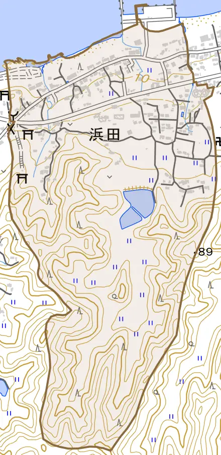 浜田とその周辺の地図。町の範囲を重ねている