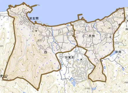波左間とその周辺の地図。町の範囲を重ねている