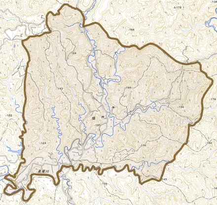 畑とその周辺の地図。町の範囲を重ねている