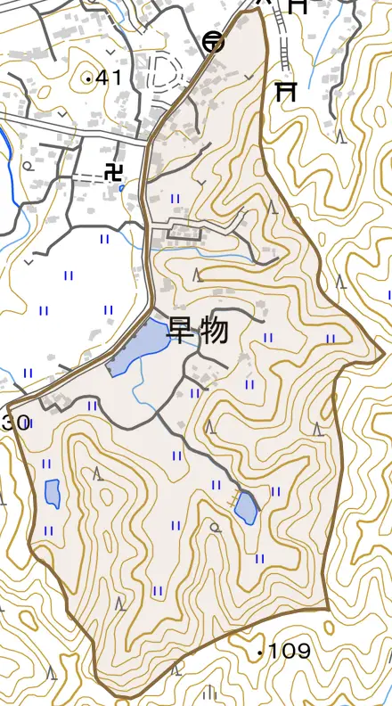 早物とその周辺の地図。町の範囲を重ねている