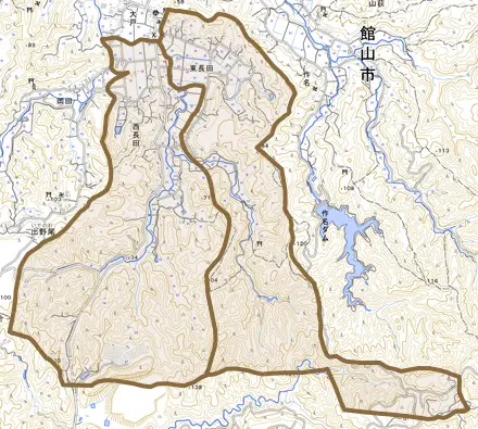 東長田とその周辺の地図。町の範囲を重ねている