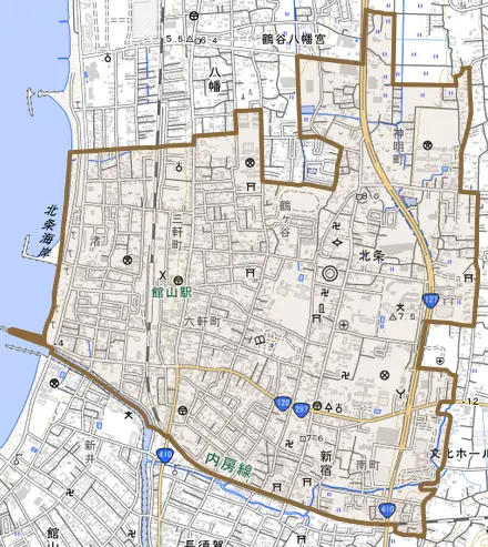 北条とその周辺の地図。町の範囲を重ねている