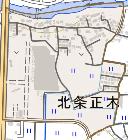 北条正木とその周辺の地図。町の範囲を重ねている