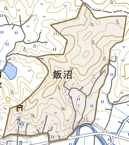 飯沼とその周辺の地図。町の範囲を重ねている
