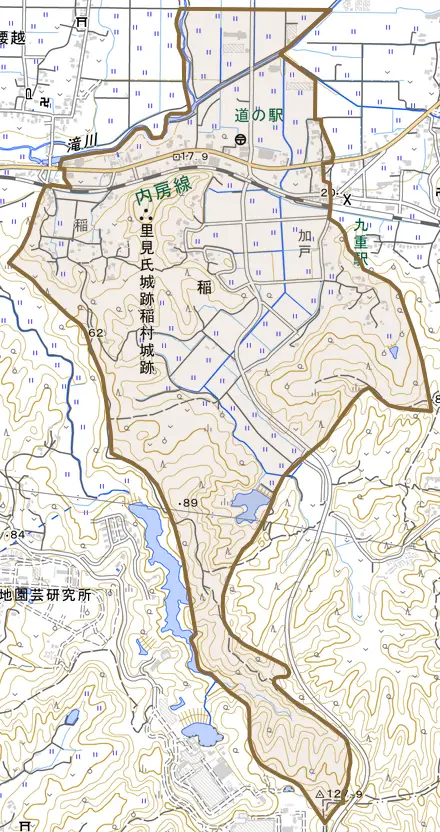 稲とその周辺の地図。町の範囲を重ねている