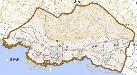 伊戸とその周辺の地図。町の範囲を重ねている