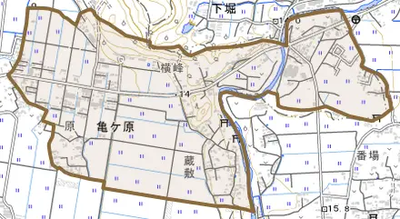 亀ケ原とその周辺の地図。町の範囲を重ねている