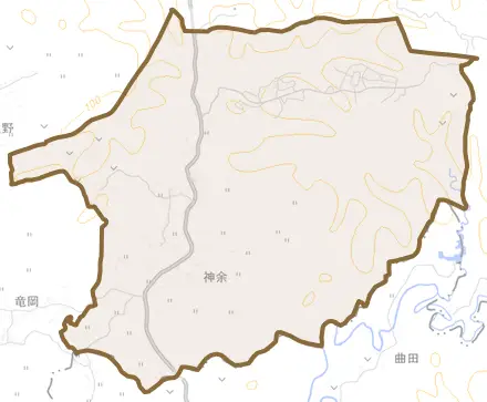 神余とその周辺の地図。町の範囲を重ねている