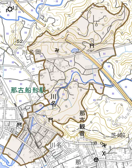 川名とその周辺の地図。町の範囲を重ねている
