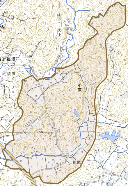 小原とその周辺の地図。町の範囲を重ねている