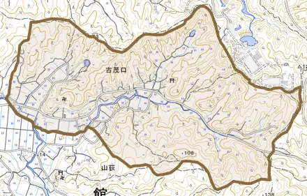 古茂口とその周辺の地図。町の範囲を重ねている