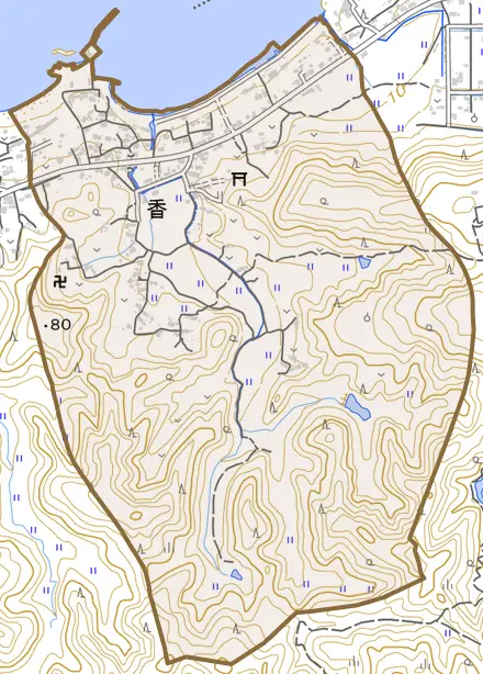香とその周辺の地図。町の範囲を重ねている