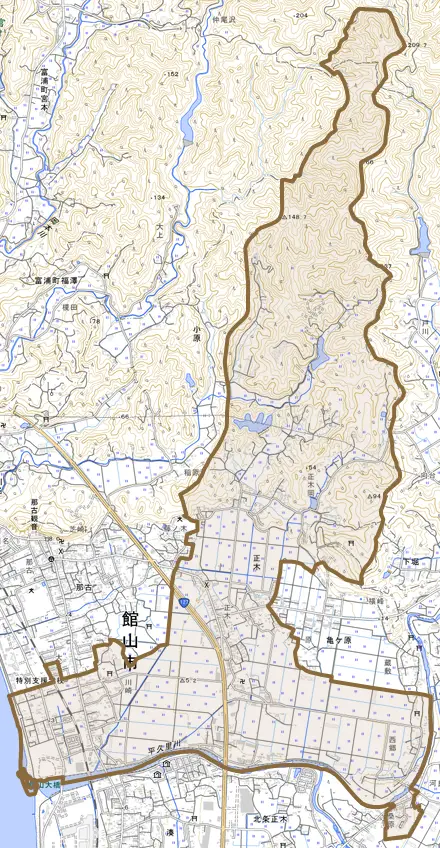正木とその周辺の地図。町の範囲を重ねている