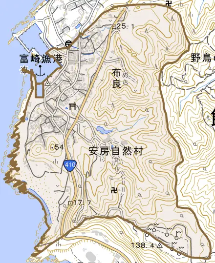 布良とその周辺の地図。町の範囲を重ねている