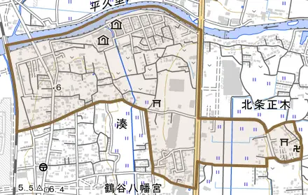 湊とその周辺の地図。町の範囲を重ねている