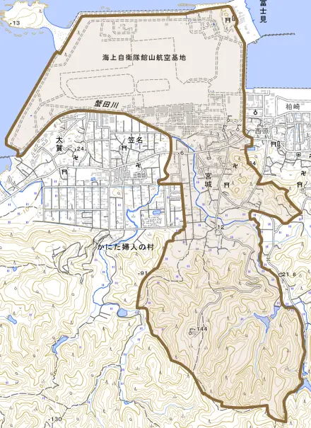 宮城とその周辺の地図。町の範囲を重ねている