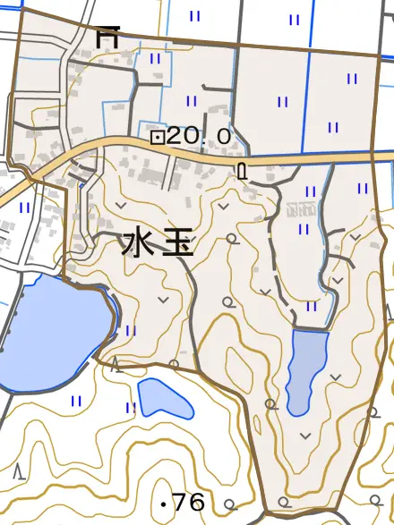 水玉とその周辺の地図。町の範囲を重ねている
