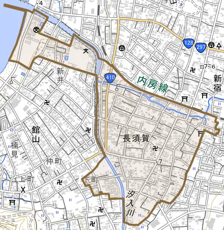 長須賀とその周辺の地図。町の範囲を重ねている