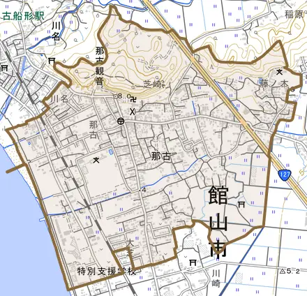 那古とその周辺の地図。町の範囲を重ねている