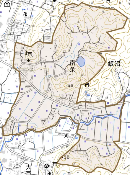 南条とその周辺の地図。町の範囲を重ねている