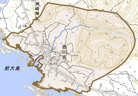 西川名とその周辺の地図。町の範囲を重ねている