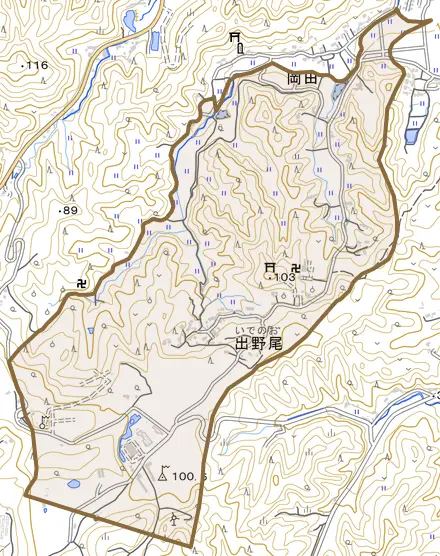 西長田とその周辺の地図。町の範囲を重ねている
