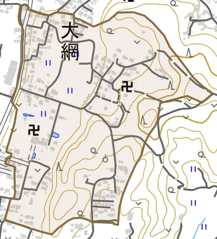 大網とその周辺の地図。町の範囲を重ねている