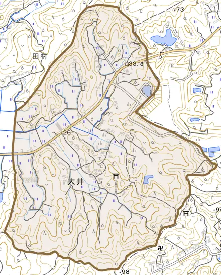 大井とその周辺の地図。町の範囲を重ねている