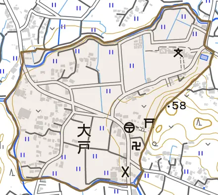 大戸とその周辺の地図。町の範囲を重ねている