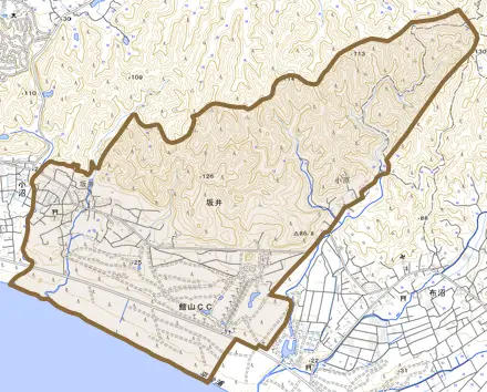 坂井とその周辺の地図。町の範囲を重ねている