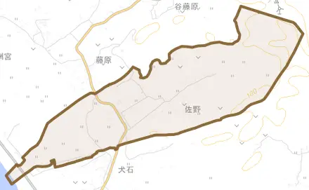 佐野とその周辺の地図。町の範囲を重ねている