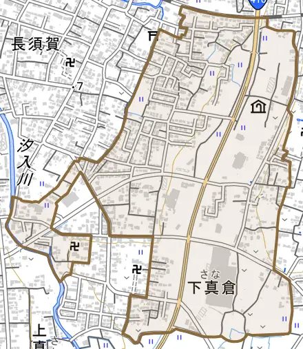 下真倉とその周辺の地図。町の範囲を重ねている