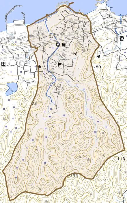 塩見とその周辺の地図。町の範囲を重ねている
