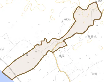洲宮とその周辺の地図。町の範囲を重ねている
