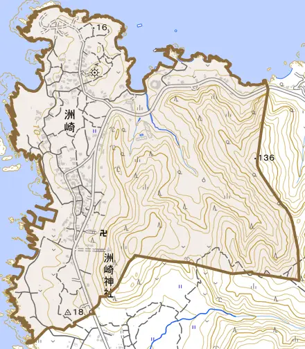 洲崎とその周辺の地図。町の範囲を重ねている