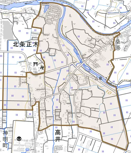 高井とその周辺の地図。町の範囲を重ねている