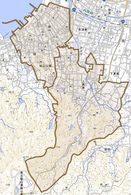 館山とその周辺の地図。町の範囲を重ねている