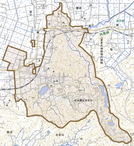山本とその周辺の地図。町の範囲を重ねている