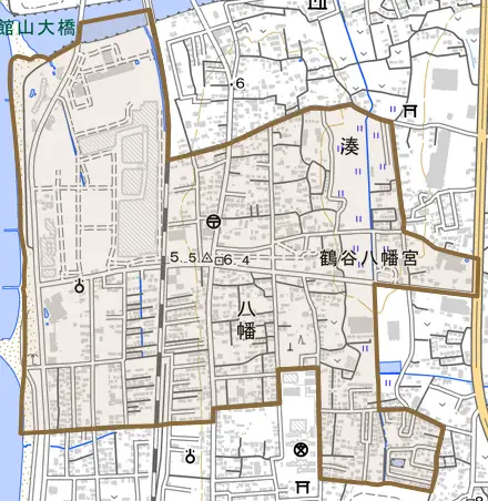 八幡とその周辺の地図。町の範囲を重ねている