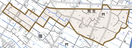 荒生とその周辺の地図。町の範囲を重ねている