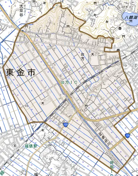 台方とその周辺の地図。町の範囲を重ねている