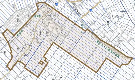 福俵とその周辺の地図。町の範囲を重ねている