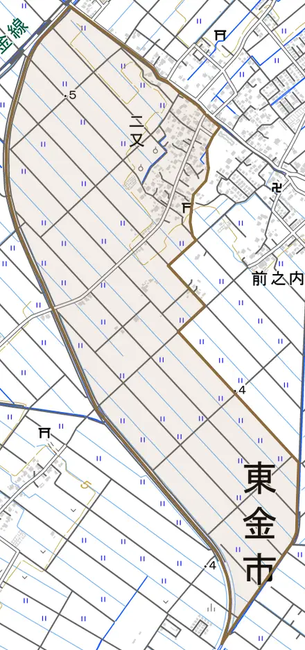 二又とその周辺の地図。町の範囲を重ねている
