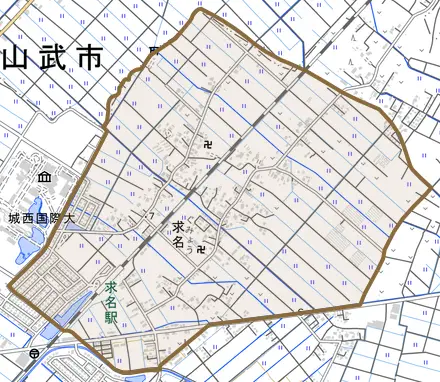 求名とその周辺の地図。町の範囲を重ねている