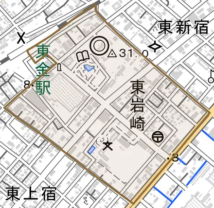 東岩崎とその周辺の地図。町の範囲を重ねている