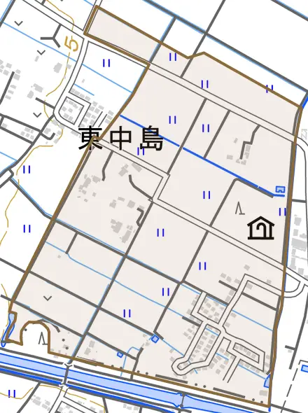 東中島とその周辺の地図。町の範囲を重ねている