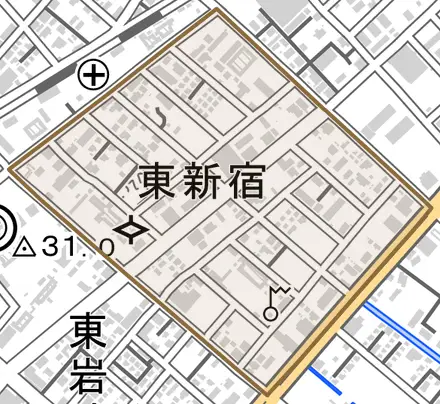 東新宿とその周辺の地図。町の範囲を重ねている